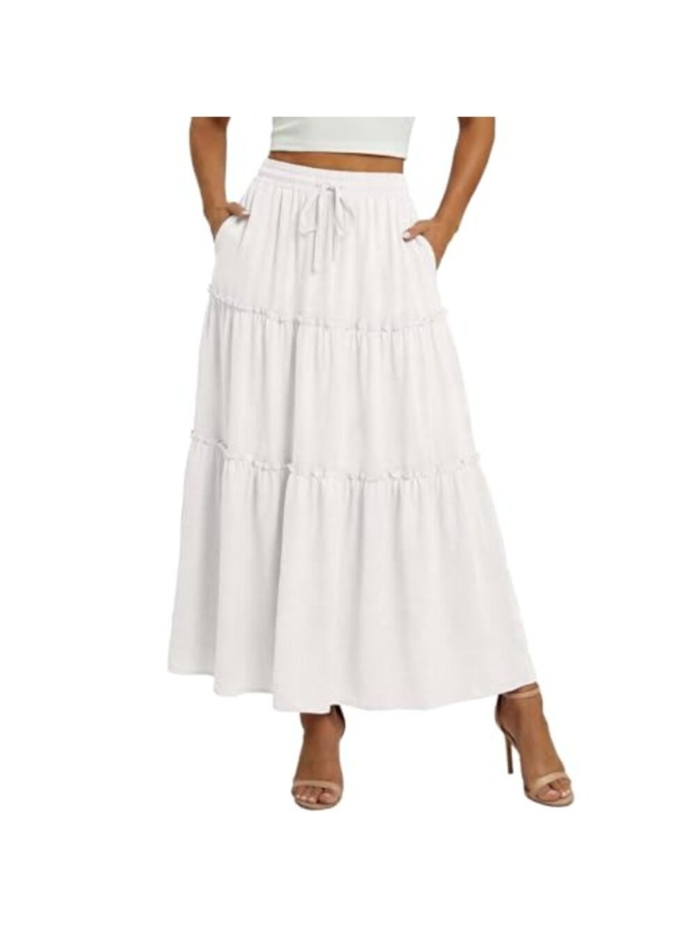 Women's Maxi Skirt High Waist A-Line Flowy Pockets Elastic Waistband